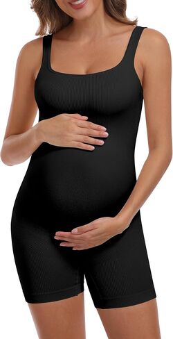 OLCHEE Womens Maternity Workout Romper Seamless Ribbed Square Neck Pregnancy Jumpsuit Summer Sleeveless Yoga Bodysuit Shorts in Saudi Arabia