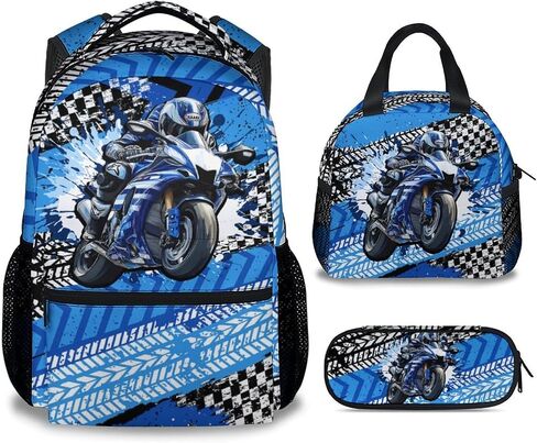 Boy Backpack, 3Pcs Motorcycle Backpacks Set for Kids, 17" Sports Bookbag for Preschool Kindergarten Elementary, School Bag with Lunch Box Pencil Case in Saudi Arabia