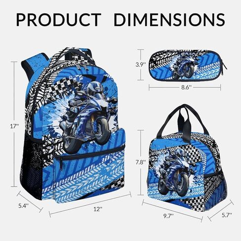 Boy Backpack, 3Pcs Motorcycle Backpacks Set for Kids, 17" Sports Bookbag for Preschool Kindergarten Elementary, School Bag with Lunch Box Pencil Case in Saudi Arabia