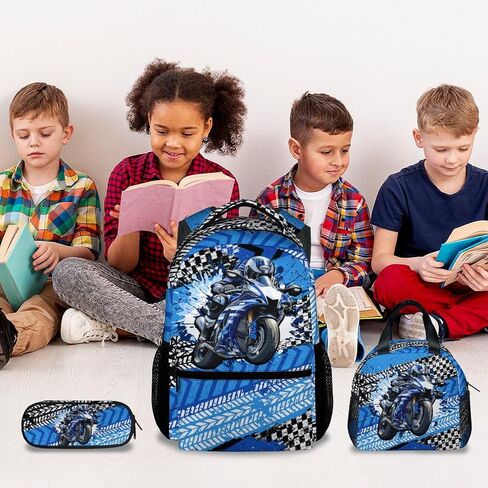 Boy Backpack, 3Pcs Motorcycle Backpacks Set for Kids, 17" Sports Bookbag for Preschool Kindergarten Elementary, School Bag with Lunch Box Pencil Case in Saudi Arabia