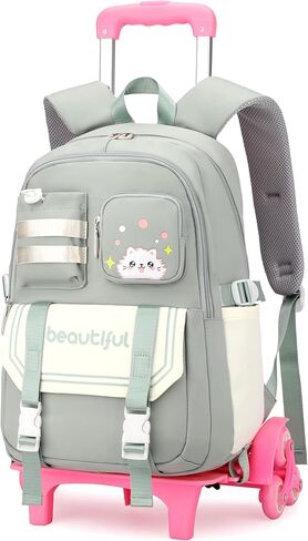 Cat Print Rolling Backpack for Girls Kids Backpack with Wheels Roller Bookbag Trolley School Bag Wheeled Bag Pink in Kuwait