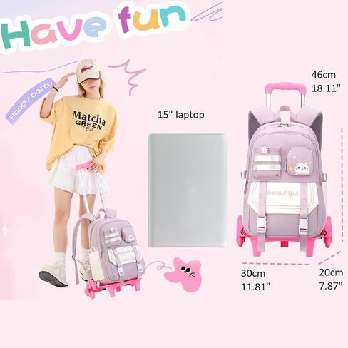 Cat Print Rolling Backpack for Girls Kids Backpack with Wheels Roller Bookbag Trolley School Bag Wheeled Bag Pink in Kuwait