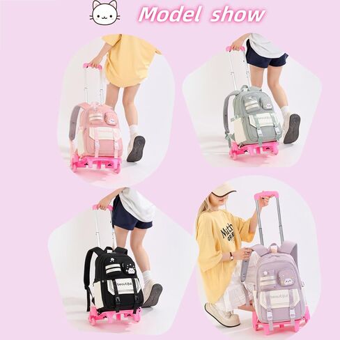 Cat Print Rolling Backpack for Girls Kids Backpack with Wheels Roller Bookbag Trolley School Bag Wheeled Bag Pink in Kuwait
