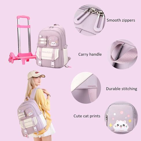Cat Print Rolling Backpack for Girls Kids Backpack with Wheels Roller Bookbag Trolley School Bag Wheeled Bag Pink in Kuwait