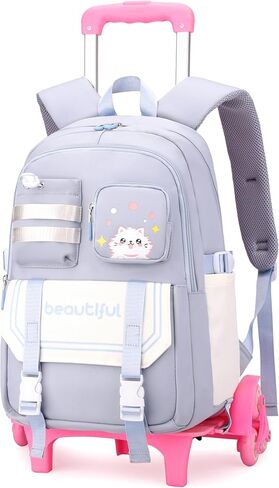Cat Print Rolling Backpack for Girls Kids Backpack with Wheels Roller Bookbag Trolley School Bag Wheeled Bag Pink in Kuwait