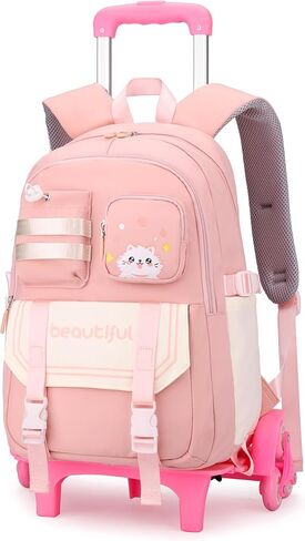 Cat Print Rolling Backpack for Girls Kids Backpack with Wheels Roller Bookbag Trolley School Bag Wheeled Bag Pink in Kuwait