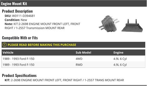 Engine Mount and Transmission Mount Kit - 3 Piece - Compatible with 1989-1993 Ford F-150 2WD 4WD 4.9L 6-Cylinder in Saudi Arabia