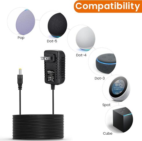 15W Power Cord Adapter for Echo Spot Smart Clock & Pop Smart Speaker - White Wall Charger Plug Long Cable, 5ft in Saudi Arabia