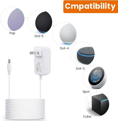 15W Power Cord Adapter for Echo Spot Smart Clock & Pop Smart Speaker - White Wall Charger Plug Long Cable, 5ft in Saudi Arabia