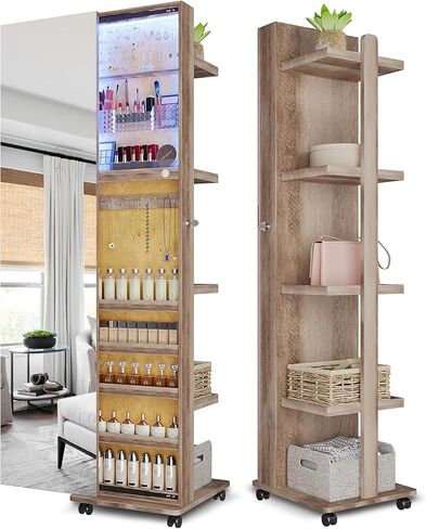 LVIFUR 360 ° دوار 63 '' LED المجوهرات armoire ، مرآة كاملة الطول السعة كبيرة السعة الدائمة 3 منظم مجوهرات قابلة للخلاف مع 4 بكرات ، أرفف التخزين الخلفي in Kuwait