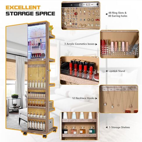 LVIFUR 360 ° دوار 63 '' LED المجوهرات armoire ، مرآة كاملة الطول السعة كبيرة السعة الدائمة 3 منظم مجوهرات قابلة للخلاف مع 4 بكرات ، أرفف التخزين الخلفي in Kuwait