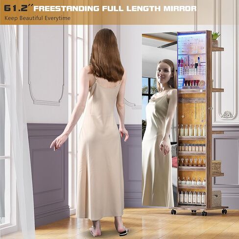 LVIFUR 360 ° دوار 63 '' LED المجوهرات armoire ، مرآة كاملة الطول السعة كبيرة السعة الدائمة 3 منظم مجوهرات قابلة للخلاف مع 4 بكرات ، أرفف التخزين الخلفي in Kuwait