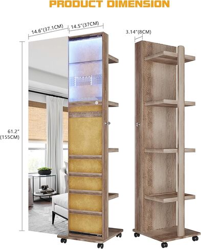 LVIFUR 360 ° دوار 63 '' LED المجوهرات armoire ، مرآة كاملة الطول السعة كبيرة السعة الدائمة 3 منظم مجوهرات قابلة للخلاف مع 4 بكرات ، أرفف التخزين الخلفي in Kuwait