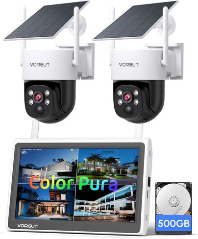 Solar Security Camera System Outdoor with 10'' Monitor, 4pcs 2K Solar Powered Home Security Cameras, Full Color Night Vision, 360° Pan Tilt, Human Detection, 2.4G/5G WiFi 10CH NVR with 500G HDD in Saudi Arabia