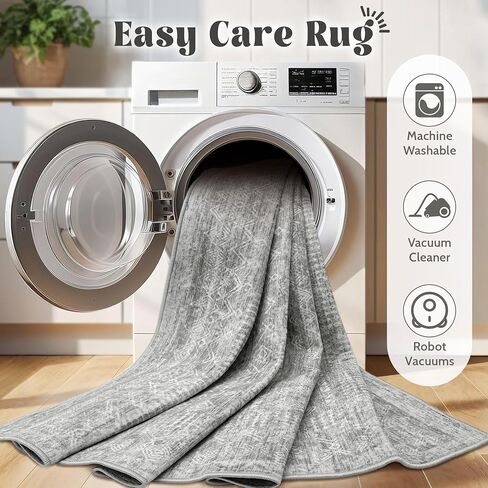 Living Room Rugs 8x10: Washable Moroccan Geometric Boho Rug Farmhouse Non Slip Stain Resistant Large Rug Low Pile Soft Carpet for Bedroom Dining Room Children Room (Beige,8'x10') in Kuwait