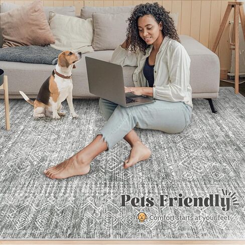 Living Room Rugs 8x10: Washable Moroccan Geometric Boho Rug Farmhouse Non Slip Stain Resistant Large Rug Low Pile Soft Carpet for Bedroom Dining Room Children Room (Beige,8'x10') in Kuwait