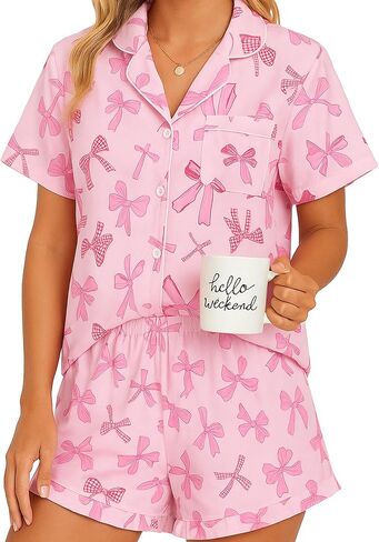 2 Piece Bow Pajamas for Women Bow Short Sleeve Sleepwear Cute Pjs with Gift Bag for Bow Bachelorette Party Gift in Saudi Arabia