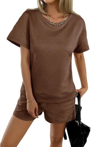 Women's Two-Piece Lounge Set Short Sleeved Top and Casual Pajamas Shorts Casual Sweatsuit Outfit with Pockets in Kuwait