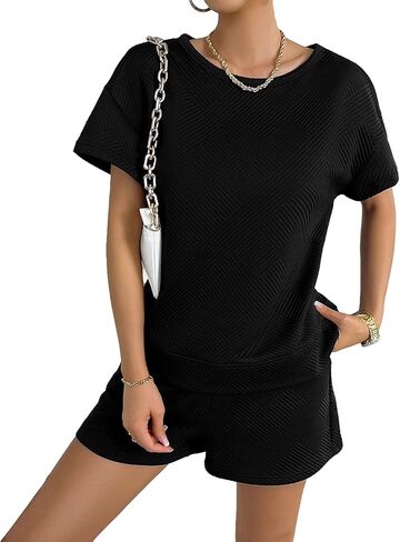 Women's Two-Piece Lounge Set Short Sleeved Top and Casual Pajamas Shorts Casual Sweatsuit Outfit with Pockets in Kuwait