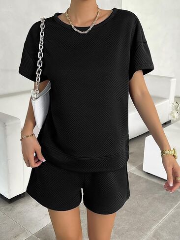 Women's Two-Piece Lounge Set Short Sleeved Top and Casual Pajamas Shorts Casual Sweatsuit Outfit with Pockets in Kuwait