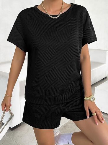 Women's Two-Piece Lounge Set Short Sleeved Top and Casual Pajamas Shorts Casual Sweatsuit Outfit with Pockets in Kuwait