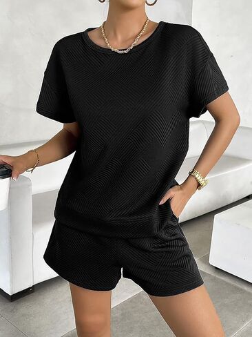 Women's Two-Piece Lounge Set Short Sleeved Top and Casual Pajamas Shorts Casual Sweatsuit Outfit with Pockets in Kuwait