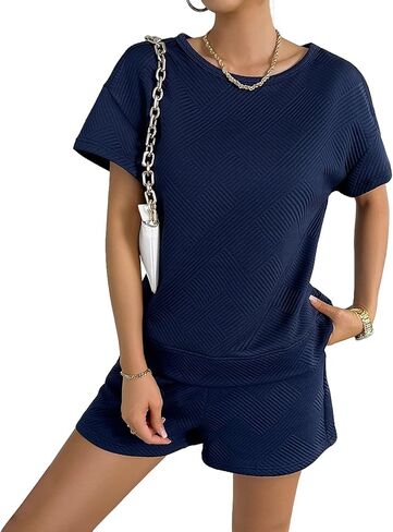 Women's Two-Piece Lounge Set Short Sleeved Top and Casual Pajamas Shorts Casual Sweatsuit Outfit with Pockets in Kuwait