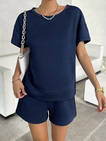 Women's Two-Piece Lounge Set Short Sleeved Top and Casual Pajamas Shorts Casual Sweatsuit Outfit with Pockets in Kuwait