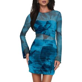 Women’s Long Sleeve Ruched Bodycon Mini Dress Sexy Mesh Printed Party Club Short Dress Clubwear in Kuwait