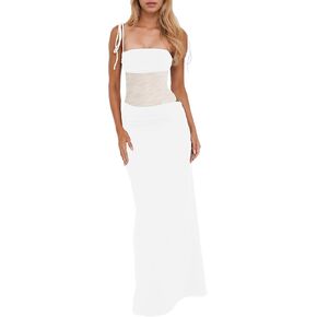 ISZPLUSH Women’s See Thorugh Mesh Spcling Maxi Dress Elegant Sleeveless High Waist Fold Slim Fit Holidady Party Long Dresses in Kuwait