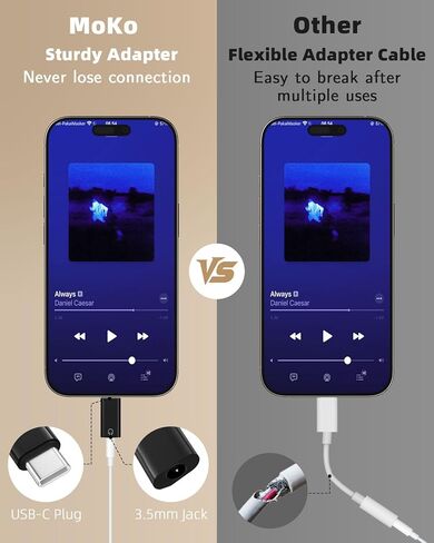 MoKo USB C to 3.5mm Audio Headphone Adapter, Type C to Headphone 3.5mm Aux Jack Dongle Compatible with iPhone 16 15 Pro Max Plus, Galaxy S24 S23 S22, iPad Air/Pro, MacBook, Pixel, White in Kuwait