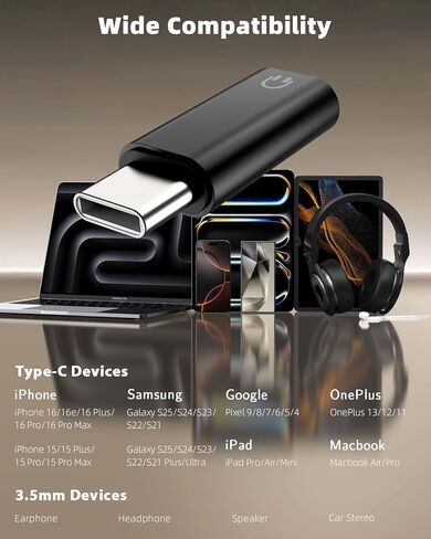 MoKo USB C to 3.5mm Audio Headphone Adapter, Type C to Headphone 3.5mm Aux Jack Dongle Compatible with iPhone 16 15 Pro Max Plus, Galaxy S24 S23 S22, iPad Air/Pro, MacBook, Pixel, White in Kuwait