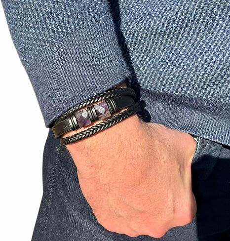 mkat Men's Genuine Leather Bracelet with Natural Stone, Natural Gemstone Bracelet, Black Leather Bracelet for Men, Amethyst Bracelet, Lapis Lazuli Bracelet, Cushion Cut Gemstone Bracelet in Saudi Arabia
