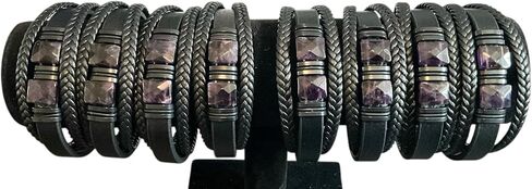 mkat Men's Genuine Leather Bracelet with Natural Stone, Natural Gemstone Bracelet, Black Leather Bracelet for Men, Amethyst Bracelet, Lapis Lazuli Bracelet, Cushion Cut Gemstone Bracelet in Saudi Arabia