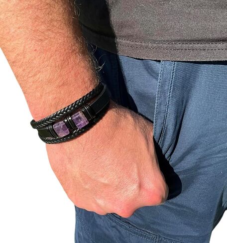 mkat Men's Genuine Leather Bracelet with Natural Stone, Natural Gemstone Bracelet, Black Leather Bracelet for Men, Amethyst Bracelet, Lapis Lazuli Bracelet, Cushion Cut Gemstone Bracelet in Saudi Arabia