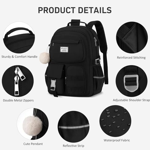 School Backpack for Teen Girls, Cute Laptop Backpack for Women Students, Middle High School Bags Aesthetic Bookbag for College Travel Fit 15.6 Inch Laptop (Black) in Saudi Arabia