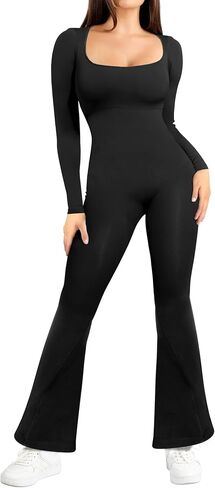 Popilush Jumpsuits for Women - Square Neck Wide Leg Workout Fall Jumpsuit Built in Bra Long Sleeve Full Length Romper in Saudi Arabia
