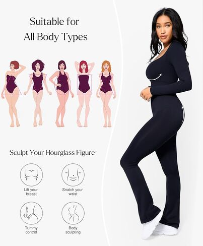 Popilush Jumpsuits for Women - Square Neck Wide Leg Workout Fall Jumpsuit Built in Bra Long Sleeve Full Length Romper in Saudi Arabia