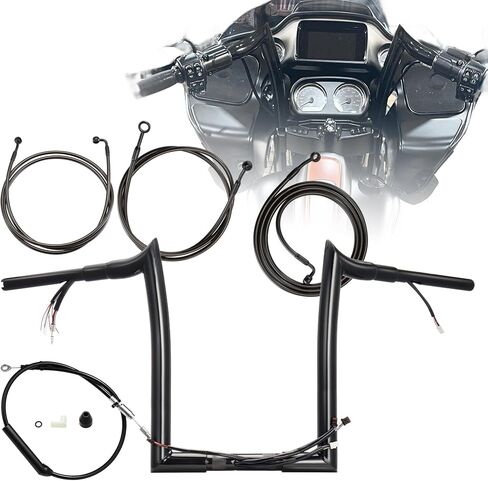 14 "Rise Pre-Wired 1.5" Fat Road Glide Ape Hanger Handlebar (أسلاك Can-Bus & TBW مثبتة مسبقًا) مع 3 خطوط فرامل ومجموعة كبل القابض لعام 2021-2023 نماذج Glide Harley Road ، Black in Saudi Arabia