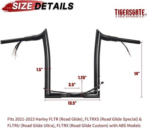 14 "Rise Pre-Wired 1.5" Fat Road Glide Ape Hanger Handlebar (أسلاك Can-Bus & TBW مثبتة مسبقًا) مع 3 خطوط فرامل ومجموعة كبل القابض لعام 2021-2023 نماذج Glide Harley Road ، Black in Saudi Arabia