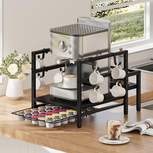 HOOBRO Coffee Pod Holder Organizer for Counter, K Cup Holder, 35 Pods Capacity Storage Organizer with 8 Removable S Hooks, for Syrup, Mugs Rack, Coffee Maker Stand, Rustic Brown and Black BF01CR01 in Saudi Arabia