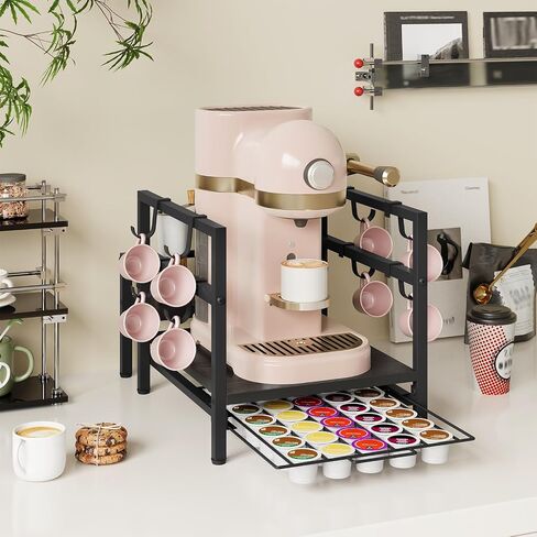HOOBRO Coffee Pod Holder Organizer for Counter, K Cup Holder, 35 Pods Capacity Storage Organizer with 8 Removable S Hooks, for Syrup, Mugs Rack, Coffee Maker Stand, Rustic Brown and Black BF01CR01 in Saudi Arabia