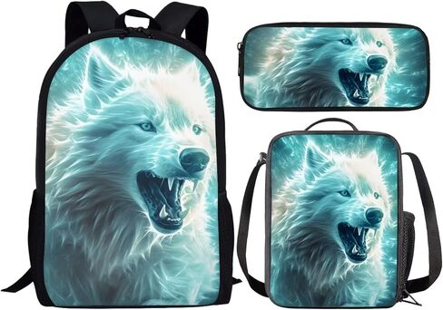 حقيبة ظهر Green Lightning Wolf Wolf للأولاد محمولة متينة ناعمة خفيفة الوزن على ظهره على ظهر المدرسة مع صندوق قلم رصاص الغداء. in Kuwait