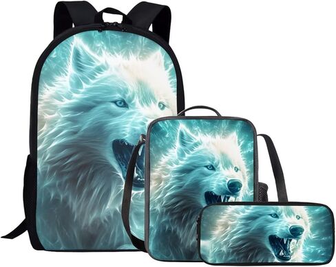 حقيبة ظهر Green Lightning Wolf Wolf للأولاد محمولة متينة ناعمة خفيفة الوزن على ظهره على ظهر المدرسة مع صندوق قلم رصاص الغداء. in Kuwait