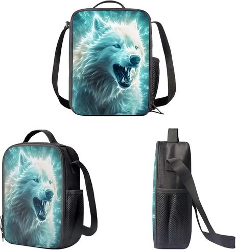 حقيبة ظهر Green Lightning Wolf Wolf للأولاد محمولة متينة ناعمة خفيفة الوزن على ظهره على ظهر المدرسة مع صندوق قلم رصاص الغداء. in Kuwait