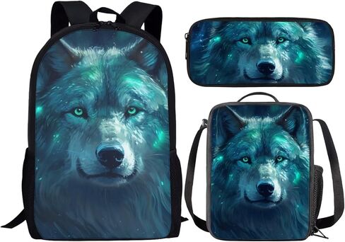 حقيبة ظهر Green Lightning Wolf Wolf للأولاد محمولة متينة ناعمة خفيفة الوزن على ظهره على ظهر المدرسة مع صندوق قلم رصاص الغداء. in Kuwait