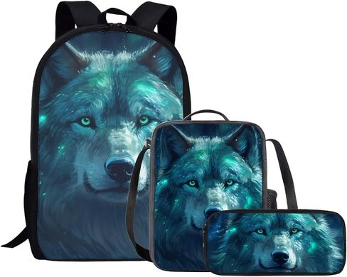 حقيبة ظهر Green Lightning Wolf Wolf للأولاد محمولة متينة ناعمة خفيفة الوزن على ظهره على ظهر المدرسة مع صندوق قلم رصاص الغداء. in Kuwait