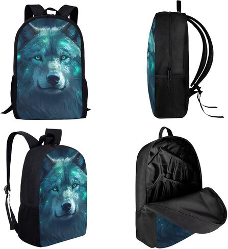 حقيبة ظهر Green Lightning Wolf Wolf للأولاد محمولة متينة ناعمة خفيفة الوزن على ظهره على ظهر المدرسة مع صندوق قلم رصاص الغداء. in Kuwait