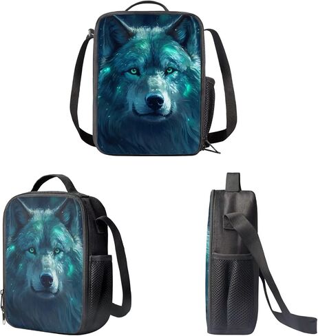 حقيبة ظهر Green Lightning Wolf Wolf للأولاد محمولة متينة ناعمة خفيفة الوزن على ظهره على ظهر المدرسة مع صندوق قلم رصاص الغداء. in Kuwait