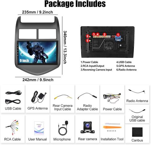 SIXWIN Android Car Stereo for Chevy Aveo Sonic 2011 2012 2013 2014 2015 with CarPlay Android Auto Mirror Link 26UI 9 Inch Touch Screen 2G+32G with Bluetooth GPS Navigation WiFi FM SWC Backup Camera in Kuwait